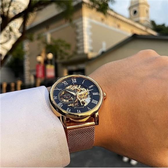 Men's Skeleton Watch Steampunk Watch Black Mechanical Watch for Men Minimalist - Picture 4 of 6